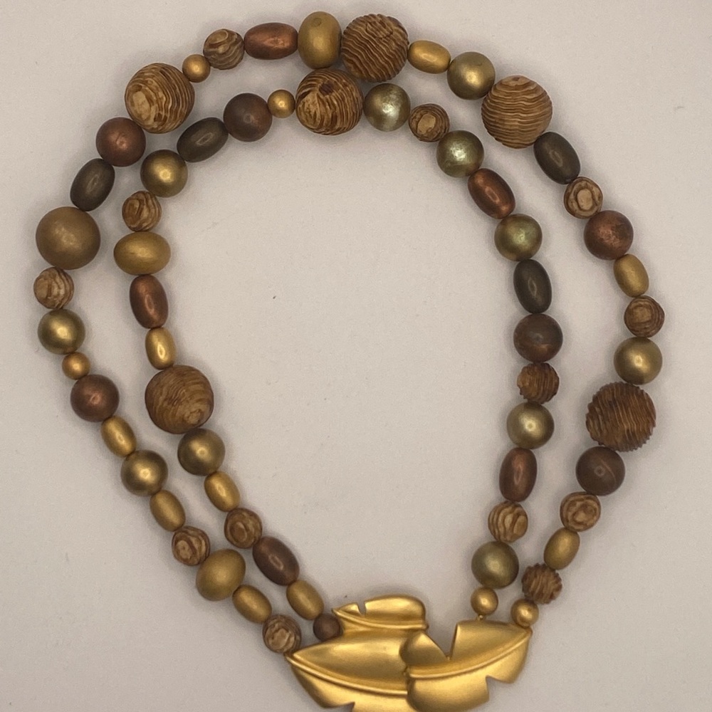 Couture Givenchy Leaf Necklace 80s Bold Faux Brown Wood Beaded GOLD TONE - Picture 4 of 8